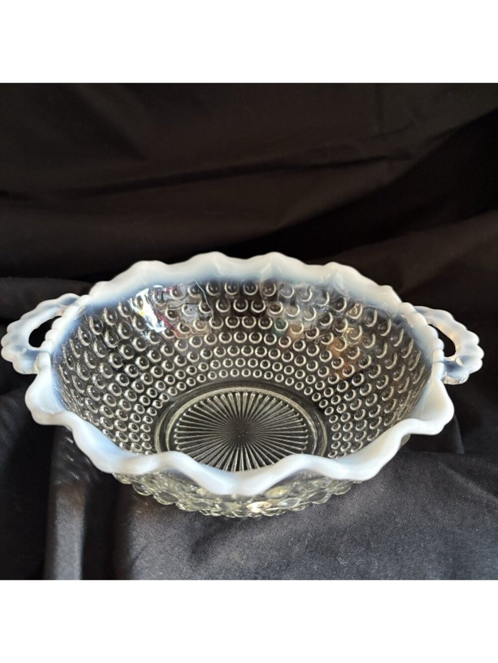 FENTON Vintage Opalescent Moonstone Bowl with Handles Ruffled Hobnail 7 in